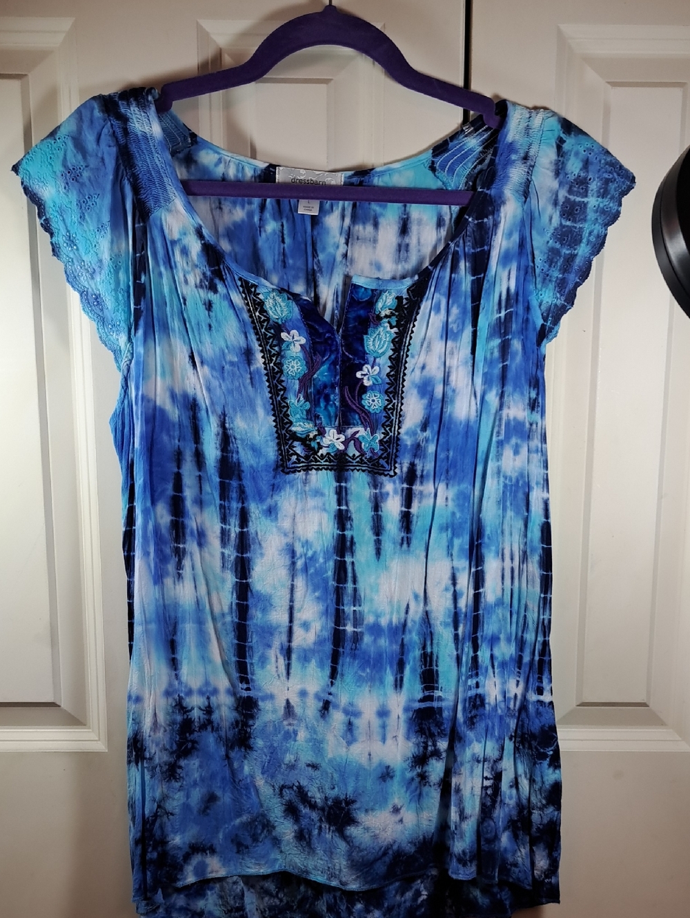 dressbarn Blue Tie-Dye Embroidered Tunic
